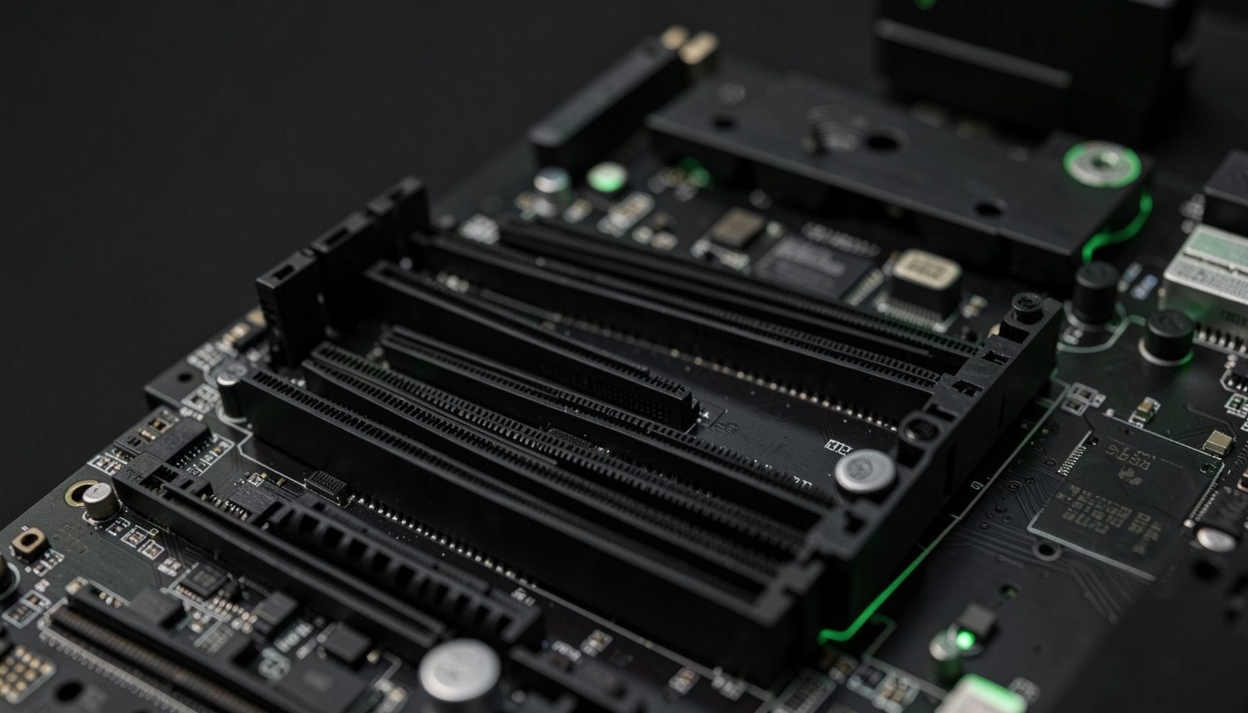 A close-up view of a modern PC motherboard with visible RAM slots, chipset heatsinks, and faint green accent lighting against a dark background.
