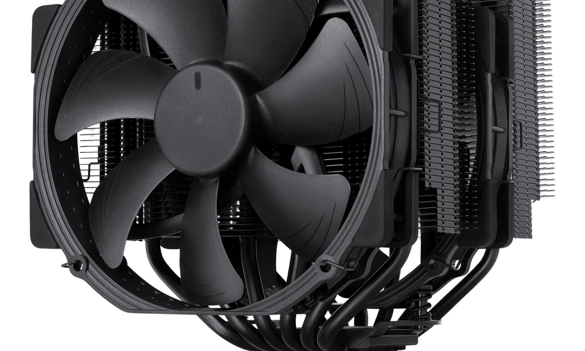 Close-up product shot of a large black CPU cooler with fan and heat pipes on white background